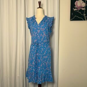 Draper James Lucinda Floral Dress Blue Pink Cotton Ruffle Hem V Neck Women’s L